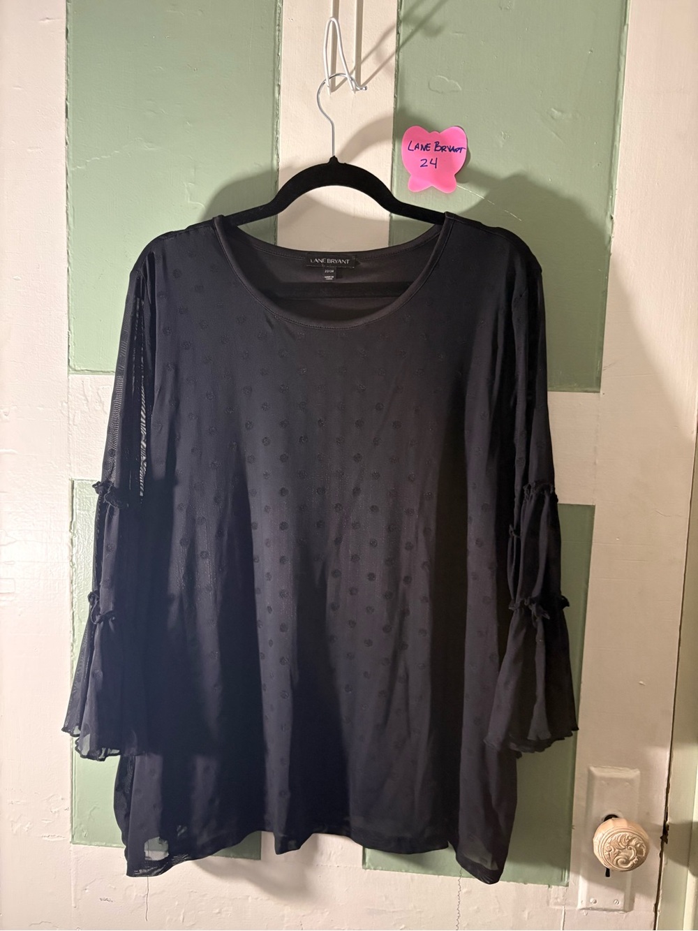 Lane Bryant Black Sheer Dot Bell-Sleeve Top